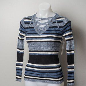 NWT Striped V-Neck Long Sleeve Top - Blue - small